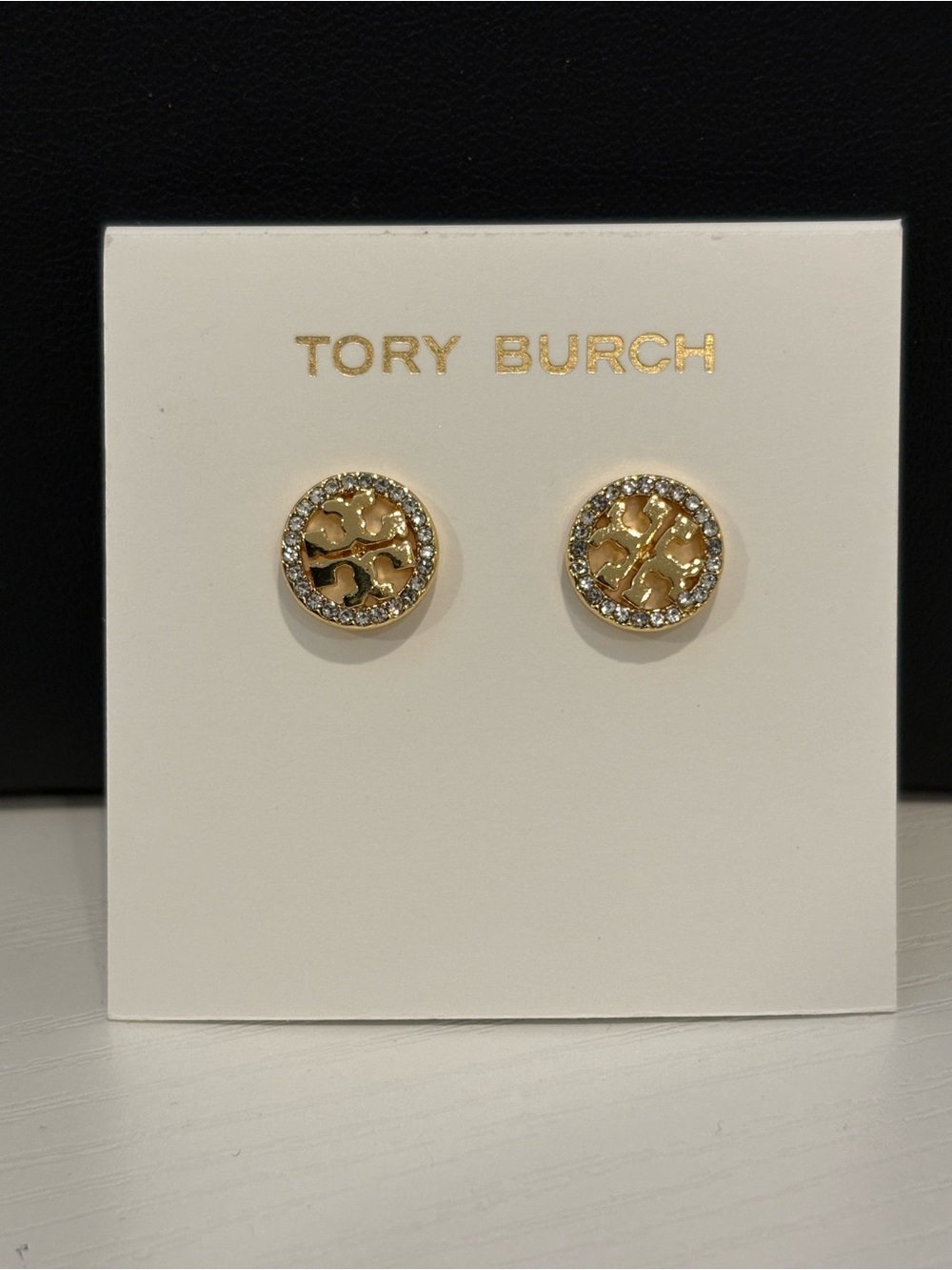 Tory Burch Kira Gold Logo Crystal Pave Stud Earrings